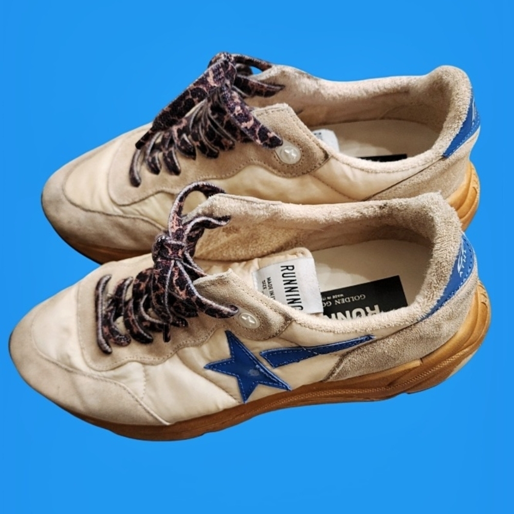 Golden Goose Cream & Blue Running Sole Sneakers - Picture 2 of 9
